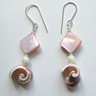 Lynn Davy Beading - Beading Gallery - Photography by Joanna Bury. Pink Shell Earrings   Simple shell swirls and mother-of-pearl diamond shapes on sterling wires, to complement my seaside-themed necklaces. Currently listed for sale in my Etsy shop   click on thumbnail to see larger image